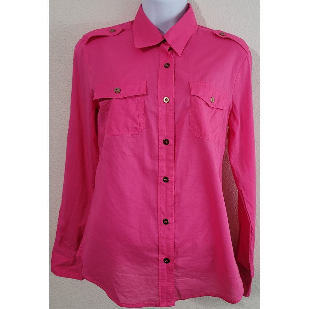 Banana Republic Hot Pink Button Up Top Small Long Roll Tab Sleeves Lightweight